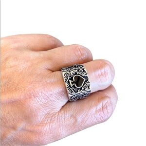 Men 15mm Large Sterling silver Black ace Ring gambler Ring